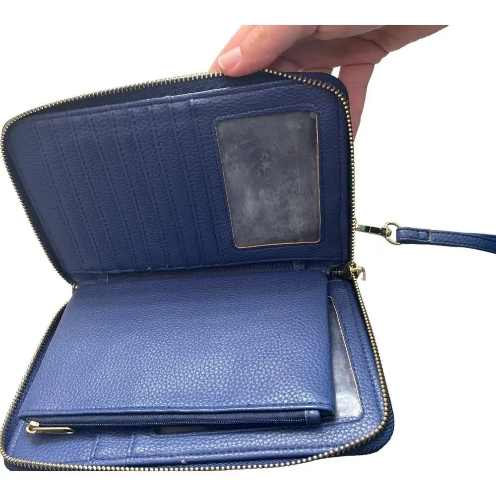 Roxy Magic Happens blue gold zip embossed pattern wristlet wallet vegan leather